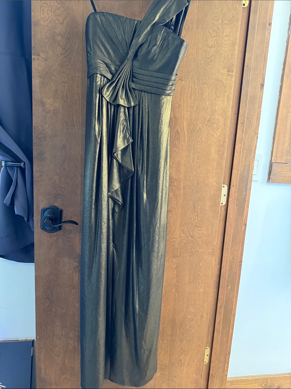 Metallic One-Shoulder Evening Gown - Golden green